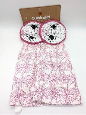 NWT Cuisinart White Purple Black Halloween Spider Hanging Kitchen Towel Set Of 2